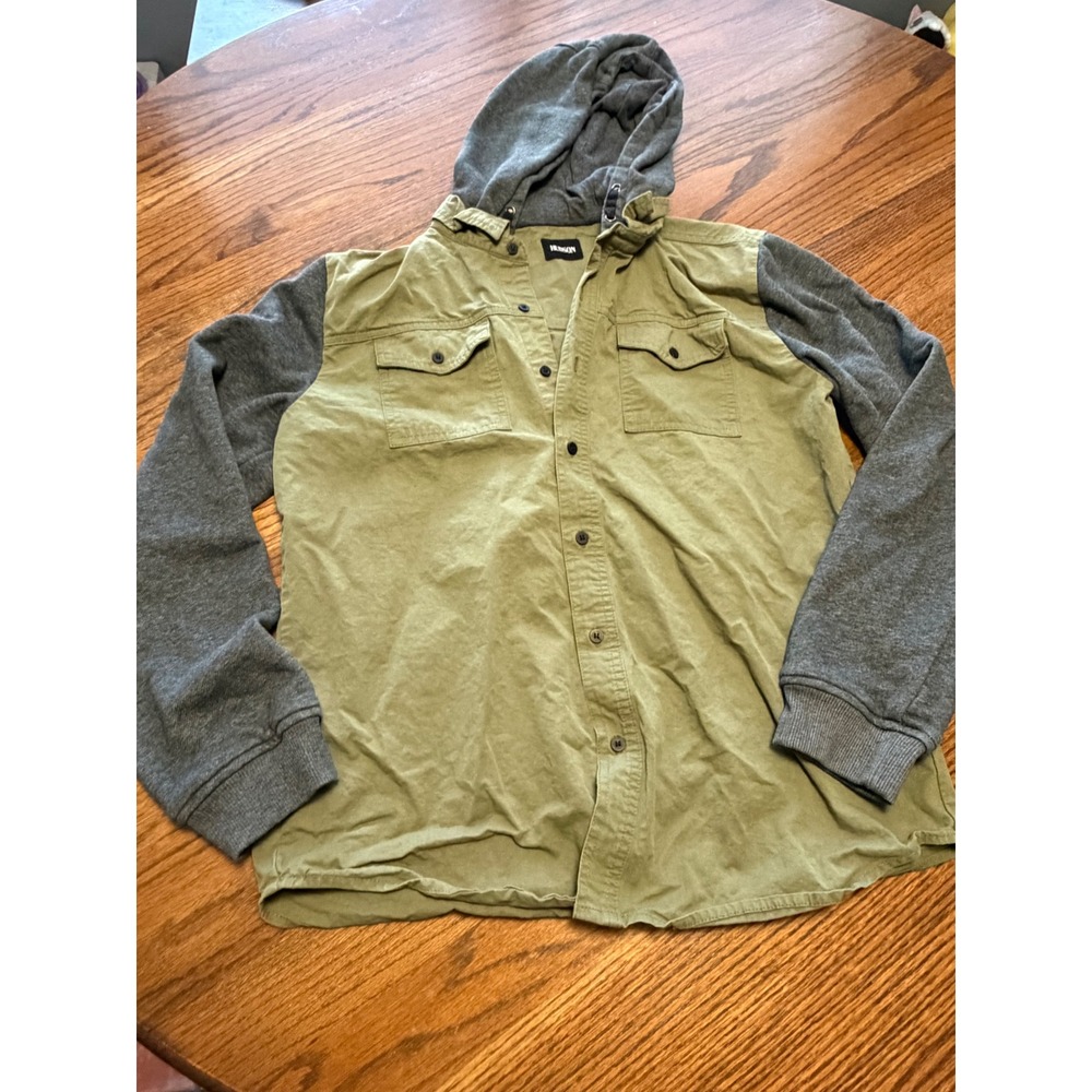 Hudson Mens XL Hoodie Button Down Shirt Olive Green Gray Hybrid Long Sleeve